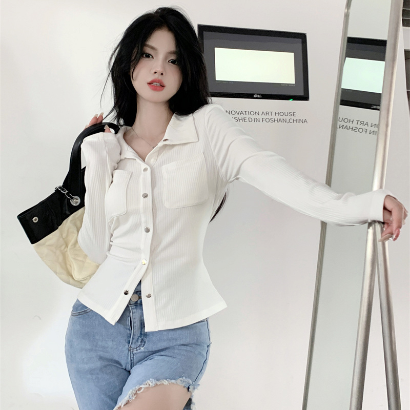 灰色內搭辣妹女裝秋季小眾設計感新款翻領襯衫氣質長袖打底衫上衣