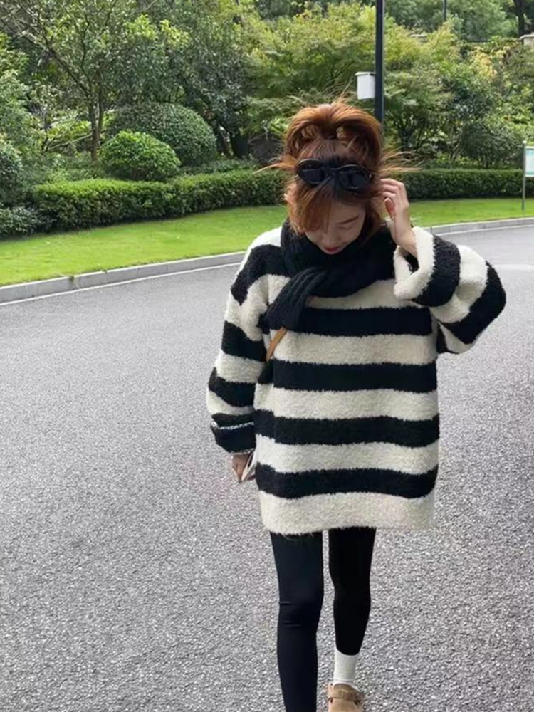 圓領套頭軟糯條紋毛衣女秋冬外穿寬鬆慵懶風加厚中長款針織衫上衣