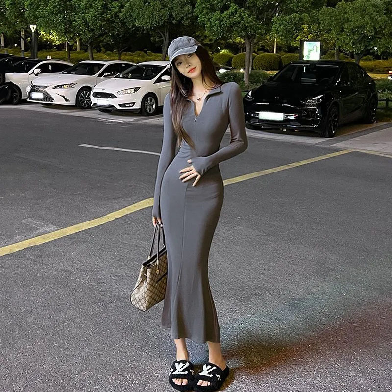 Lapel zipper autumn long-sleeved slim dress slimming women's hip skirt long one-step fishtail skirt 2023 new style