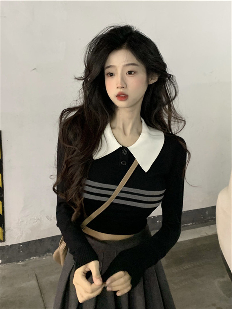 實拍~美式復古長袖針織衫短款上衣   兩條條紋改成了三條