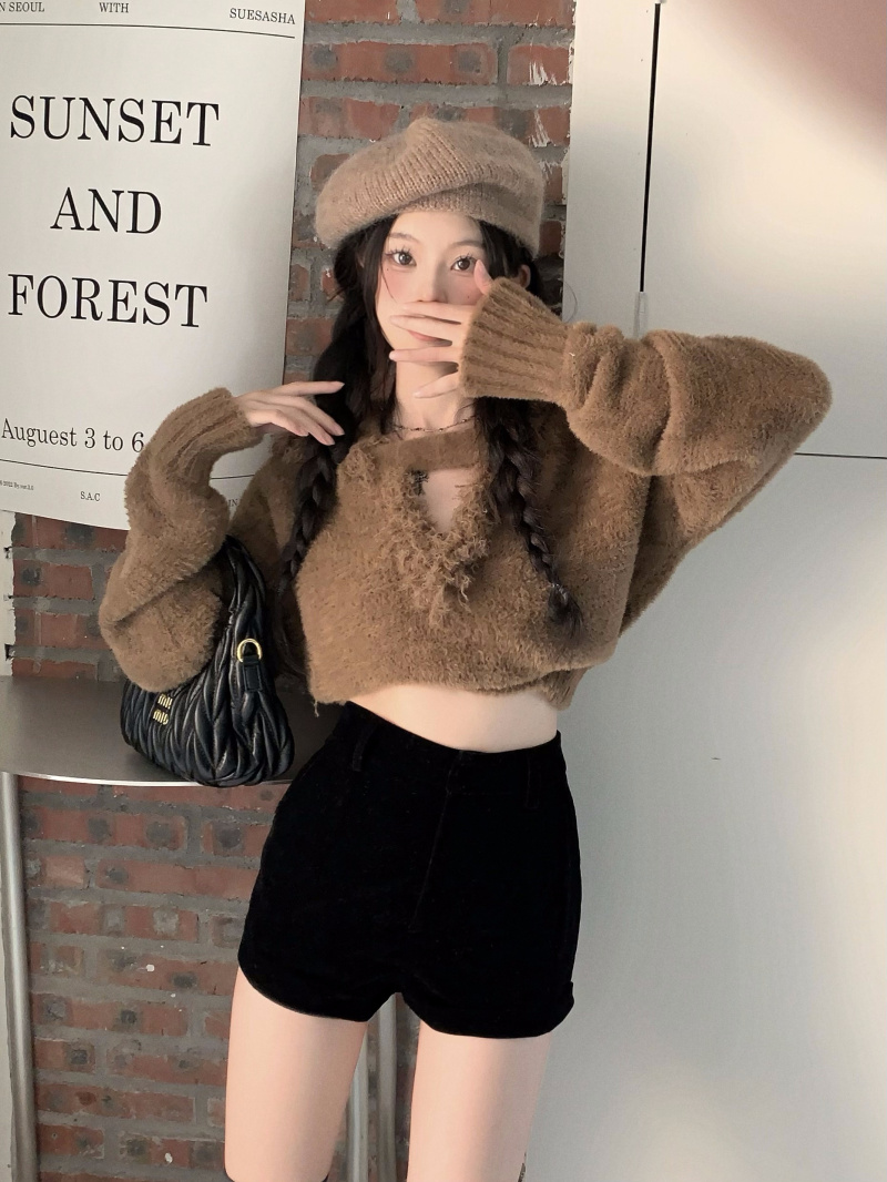 實拍 2023秋季韓版連帽寬鬆外穿毛衣短款針織衫上衣女