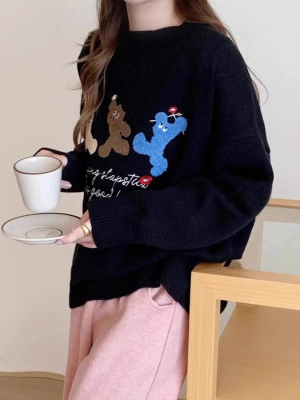 韓版卡通字母植絨套頭毛衣女秋冬新款寬鬆甜美慵懶風軟糯針織上衣
