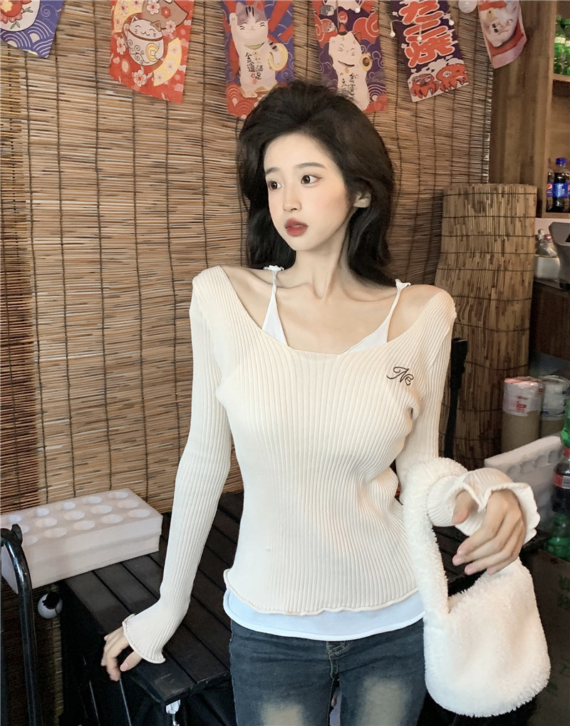 Real shot~Fake two-piece U-neck sweater for women, designer bottoming shirt, halterneck long-sleeved top