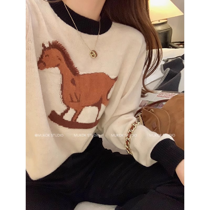 MUKOK全羊毛套頭針織衫女秋冬趣味小馬減齡撞色百搭減齡慵懶毛衣