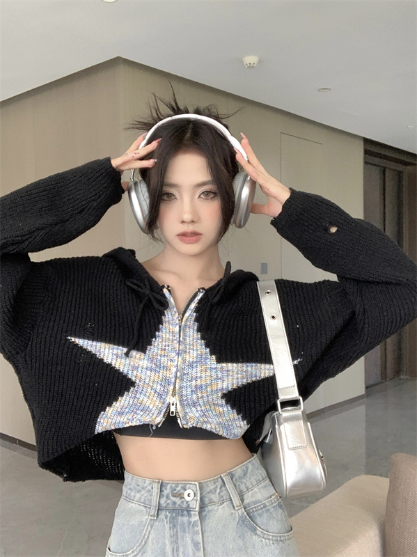 Real shot of autumn and winter new design zipper hoodie star loose knitted cardigan jacket