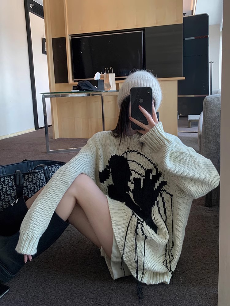 秋冬新款加厚毛衣女設計感流蘇軟糯寬鬆中長慵懶風針織外套