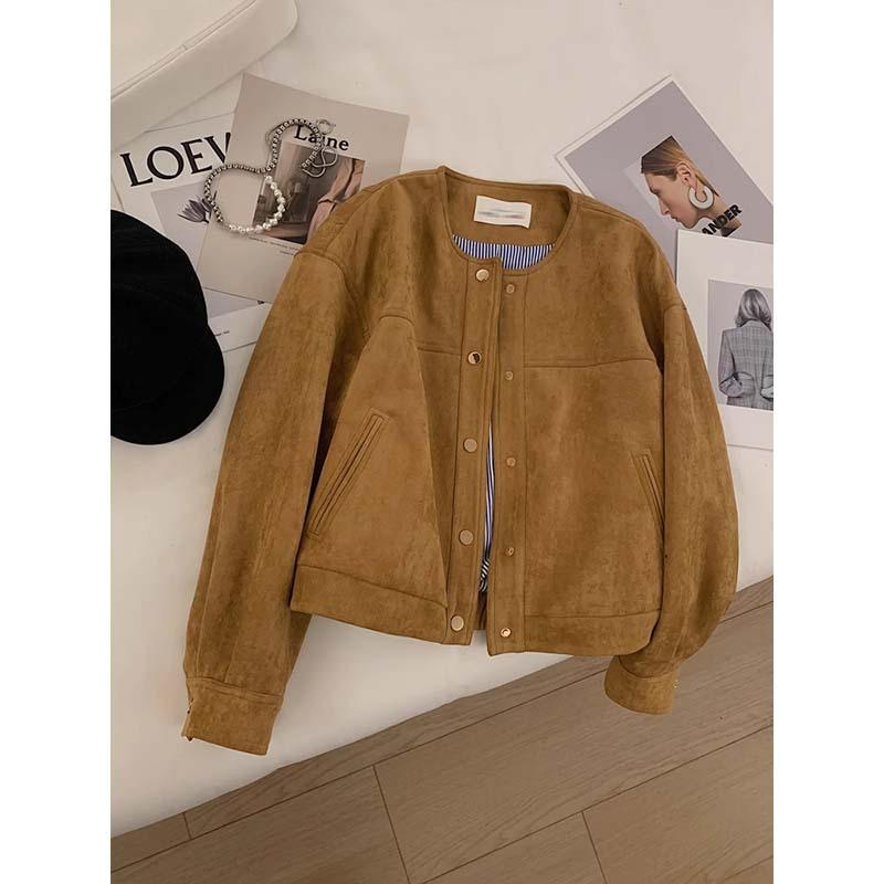 2023 Korean style fashionable suede composite milk silk retro jacket for women spring and autumn loose short jacket top
