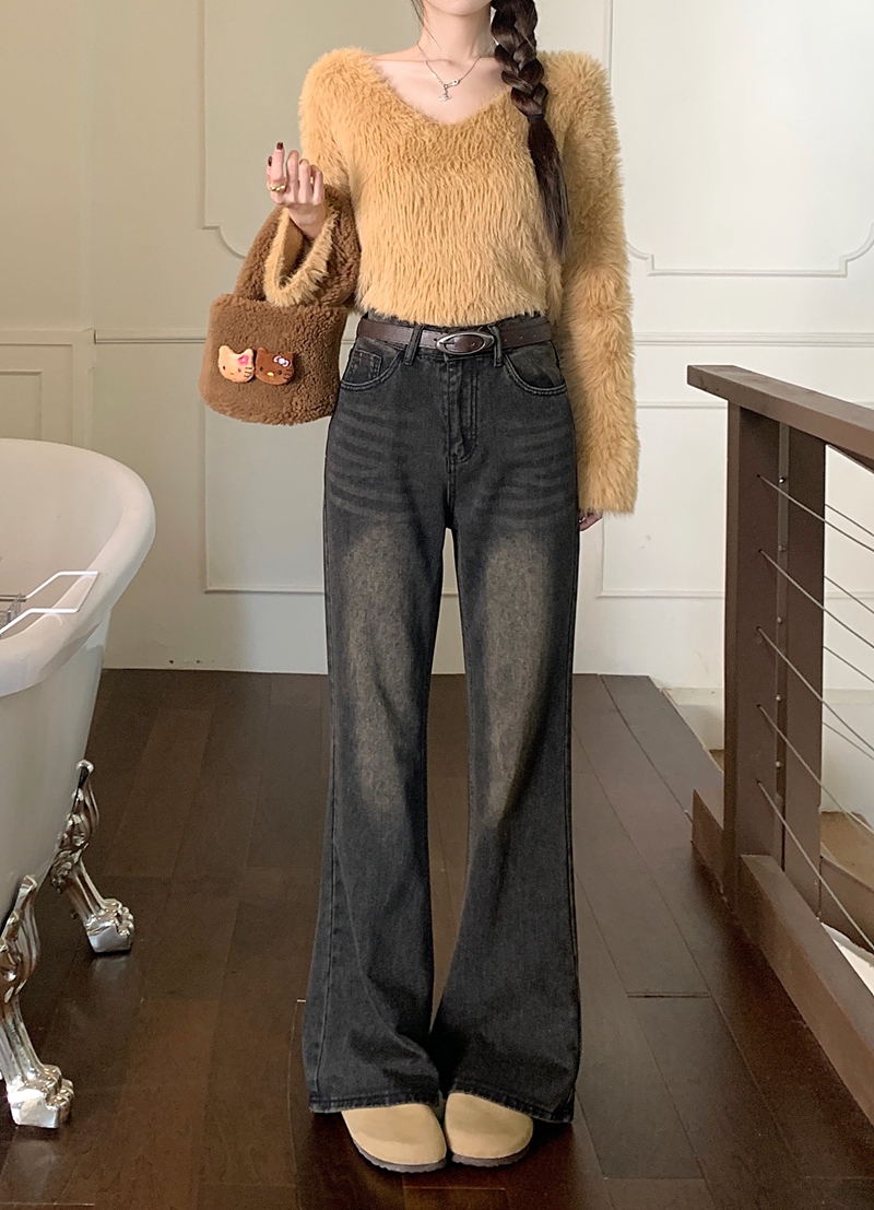 Actual shot #New straight-leg denim trousers for women, high-waist design, narrow wide-leg floor-length trousers