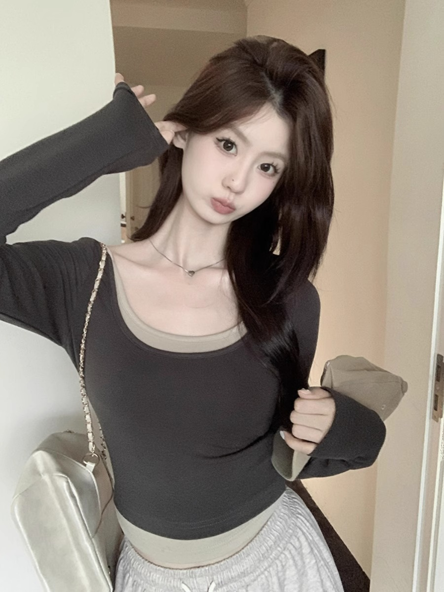 假兩件長袖T恤女秋季修身顯瘦設計感內搭打底衫短款上衣