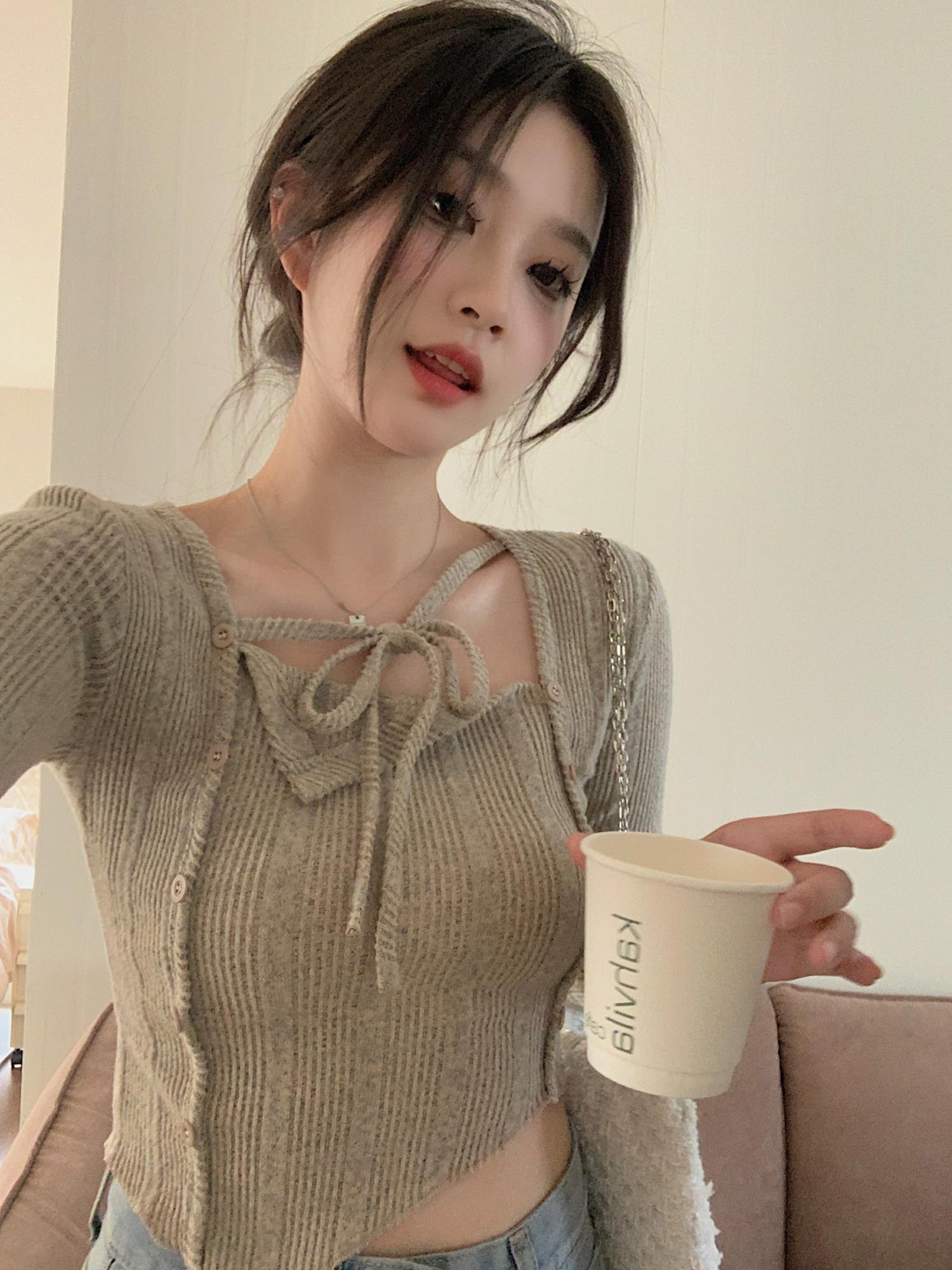 實拍 秋冬修身設計感不規則系帶短款打底衫上衣長袖t恤女