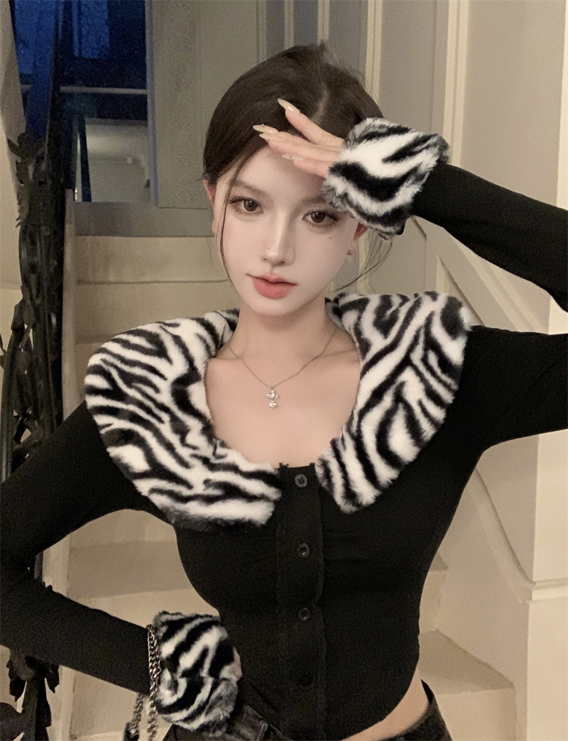 實拍 神明少女純欲修身顯瘦緊身毛毛領百搭長袖T恤