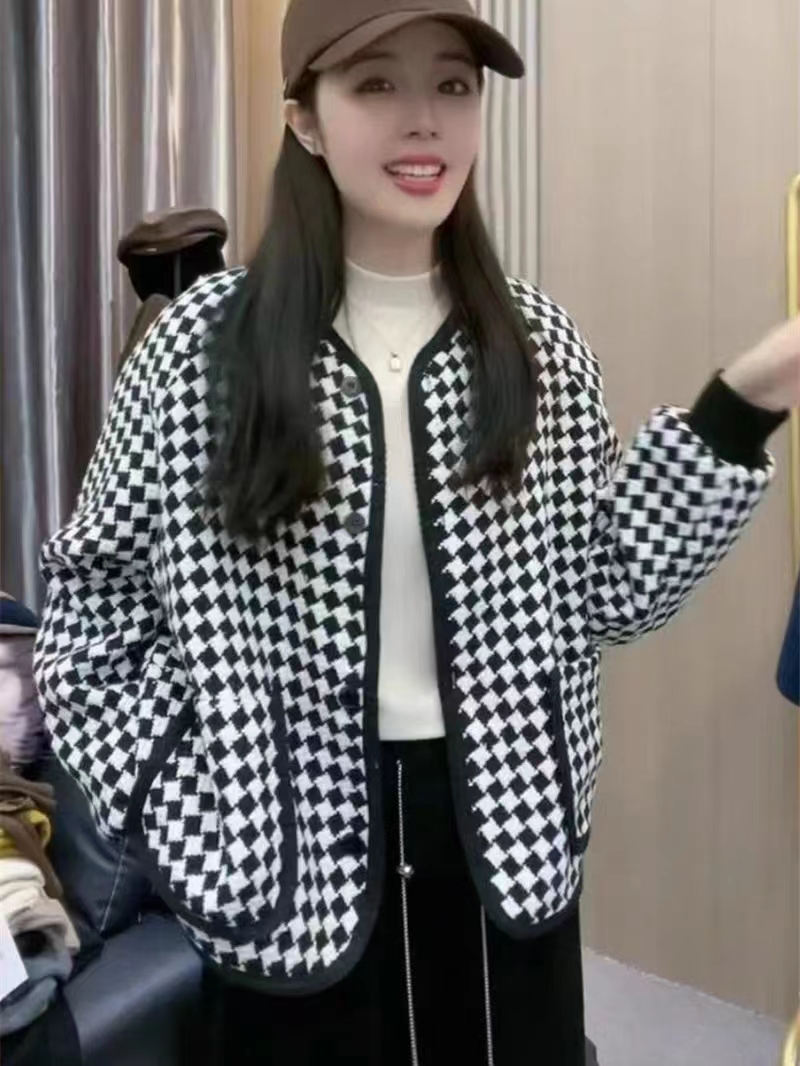 7625 Xiaoxiangfeng coat women's short autumn and winter houndstooth fashion high-end loose women's short coat top