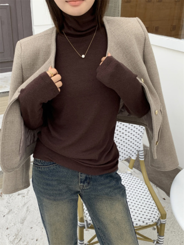 Real shot!  Slim turtleneck bottoming shirt with stacked collar and elegant solid color long-sleeved T-shirt for women