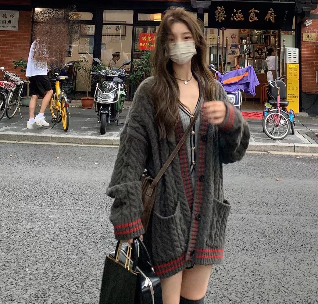 敗家小謝studio 麻花毛衣開衫外套女中長款秋季新品通勤百搭上衣