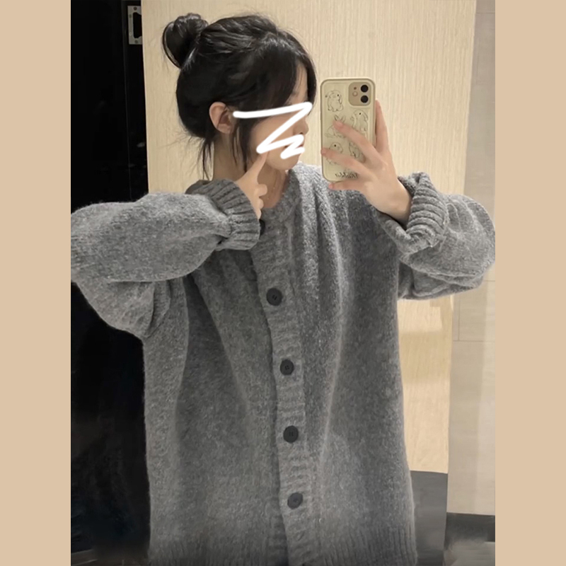 2023新款秋裝灰色慵懶風軟糯針織衫毛衣女秋冬季加厚寬鬆開衫外套