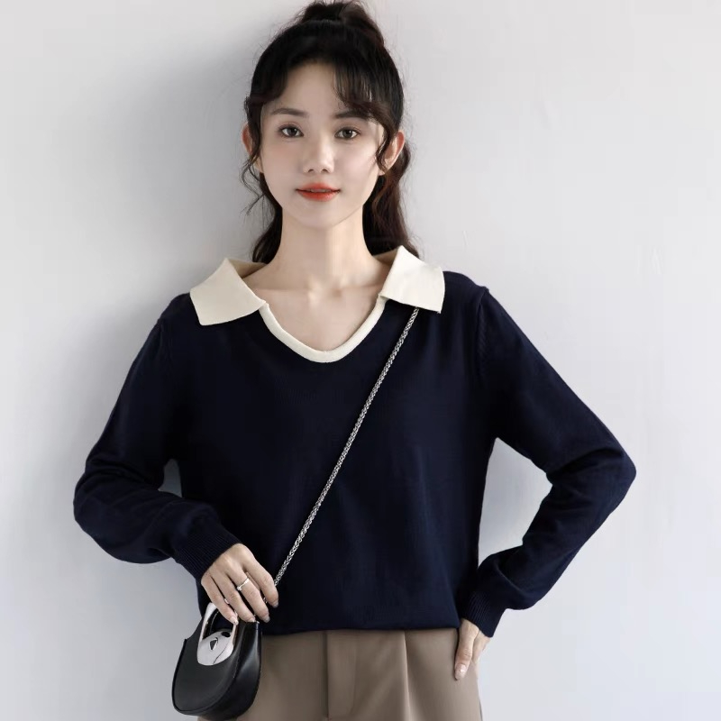 2023春季新款深藍色U領上衣女春秋薄款寬鬆polo領外穿長袖針織衫