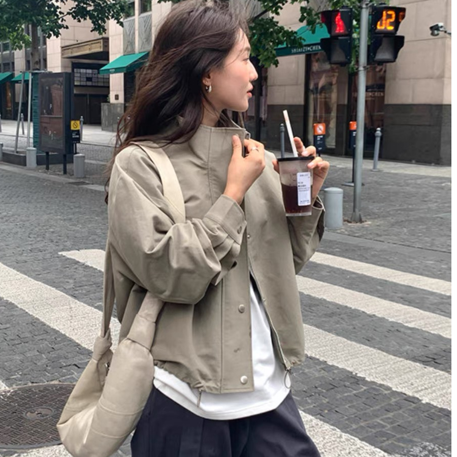 2023 new autumn and winter Korean style slim and versatile stand-up collar short windbreaker jacket for women petite jacket