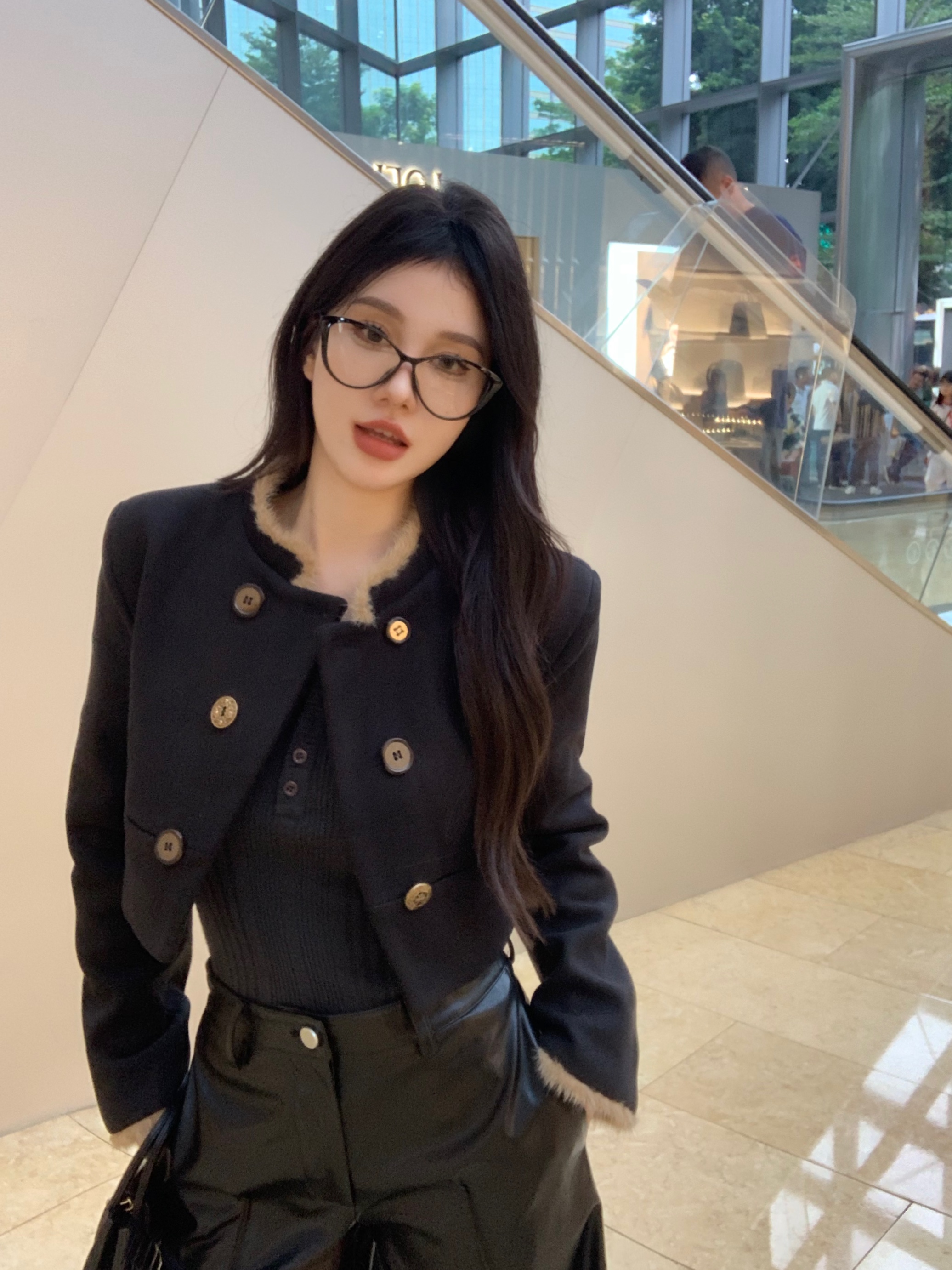實拍 毛領半做舊呢子外套黑色馬術修身短款中式上衣短外套