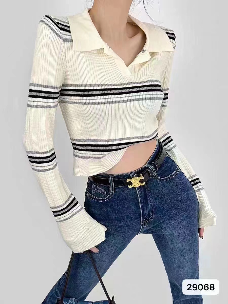 Autumn and winter new Korean style casual retro polo collar slim high-waisted long-sleeved top for women