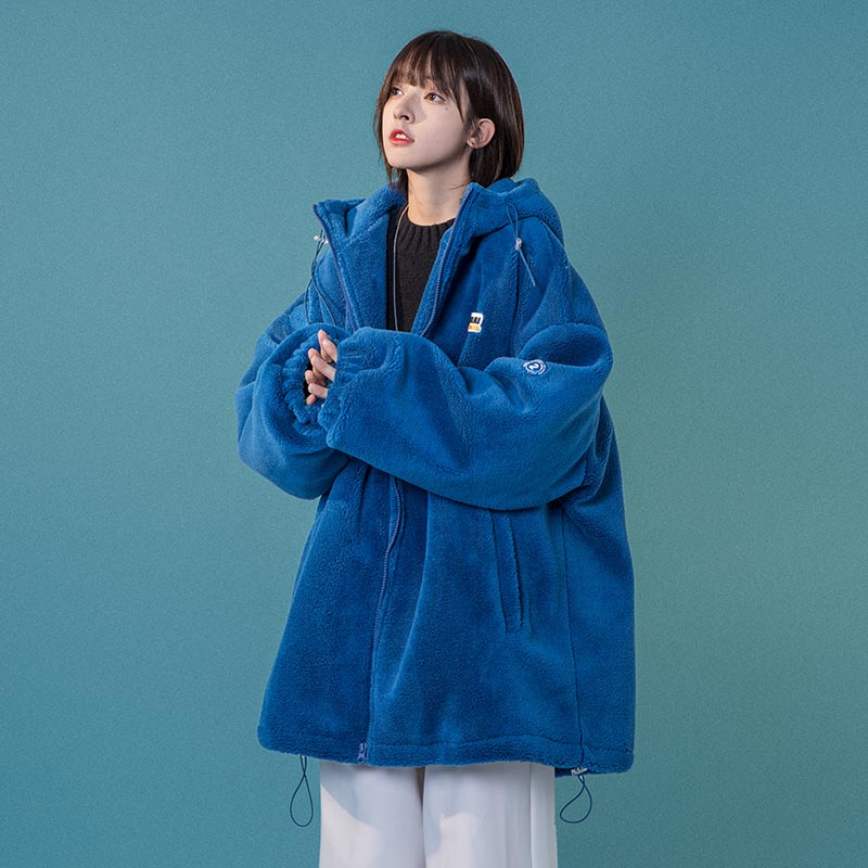 克萊因藍羊羔絨棉服女冬季加絨加厚保暖冬裝連帽二棉外套