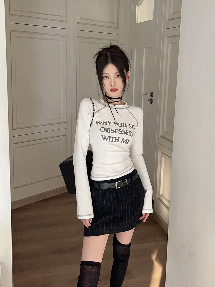 實拍長袖美式休閒復古修身ins辣妹短款圓領上衣國潮