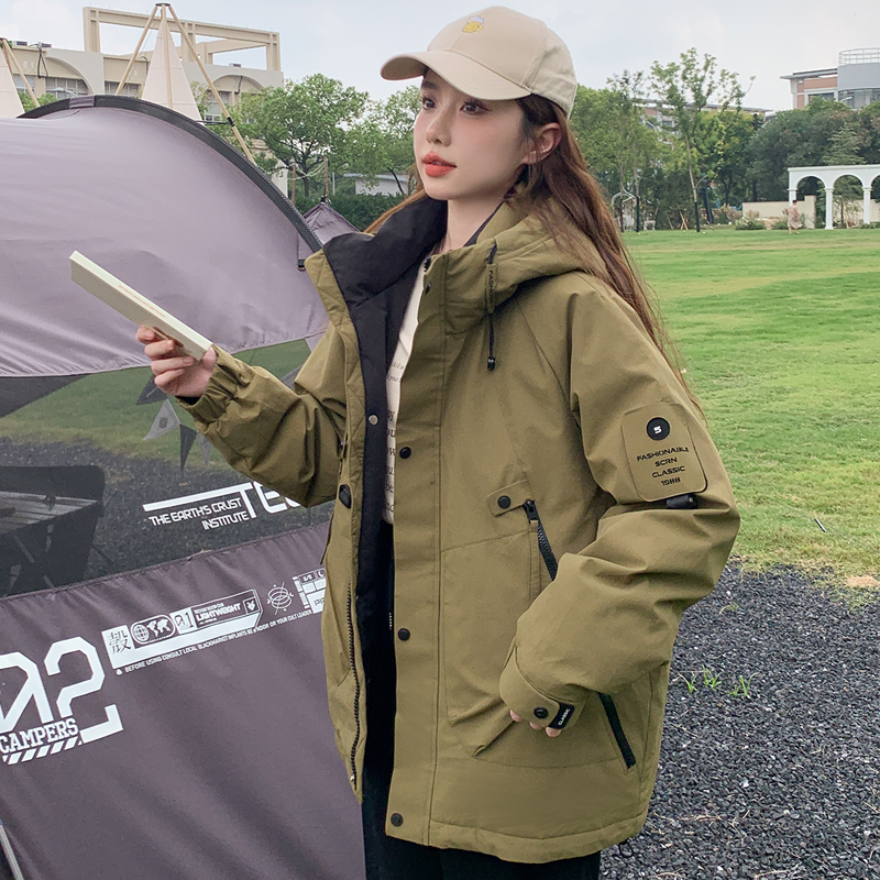 2023美式復古衝鋒衣羽絨棉服外套女秋季寬鬆中性風設計感工裝棉衣