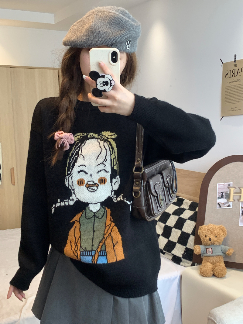 實拍 卡通毛衣套頭女設計感小眾長袖上衣寬鬆慵懶風軟糯針織