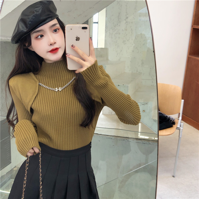 半高領針織打底衫女內搭早春新款修身加厚毛衣設計感小眾別致上衣