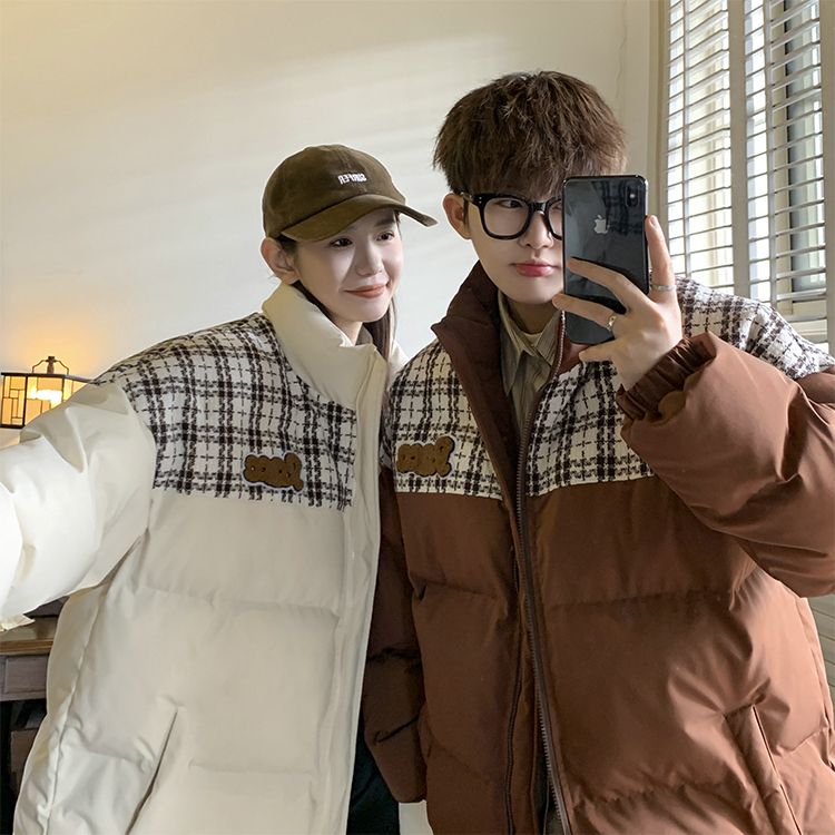 2023秋冬新款小香風格子拼接棉服加厚美式hiphop學生情侶棉衣外套