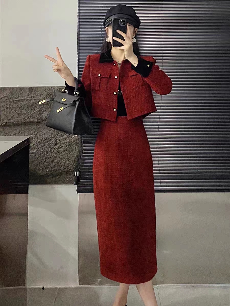 紅色訂婚小香風套裝裙新娘敬酒服法式洋氣回門短外套半身裙兩件套