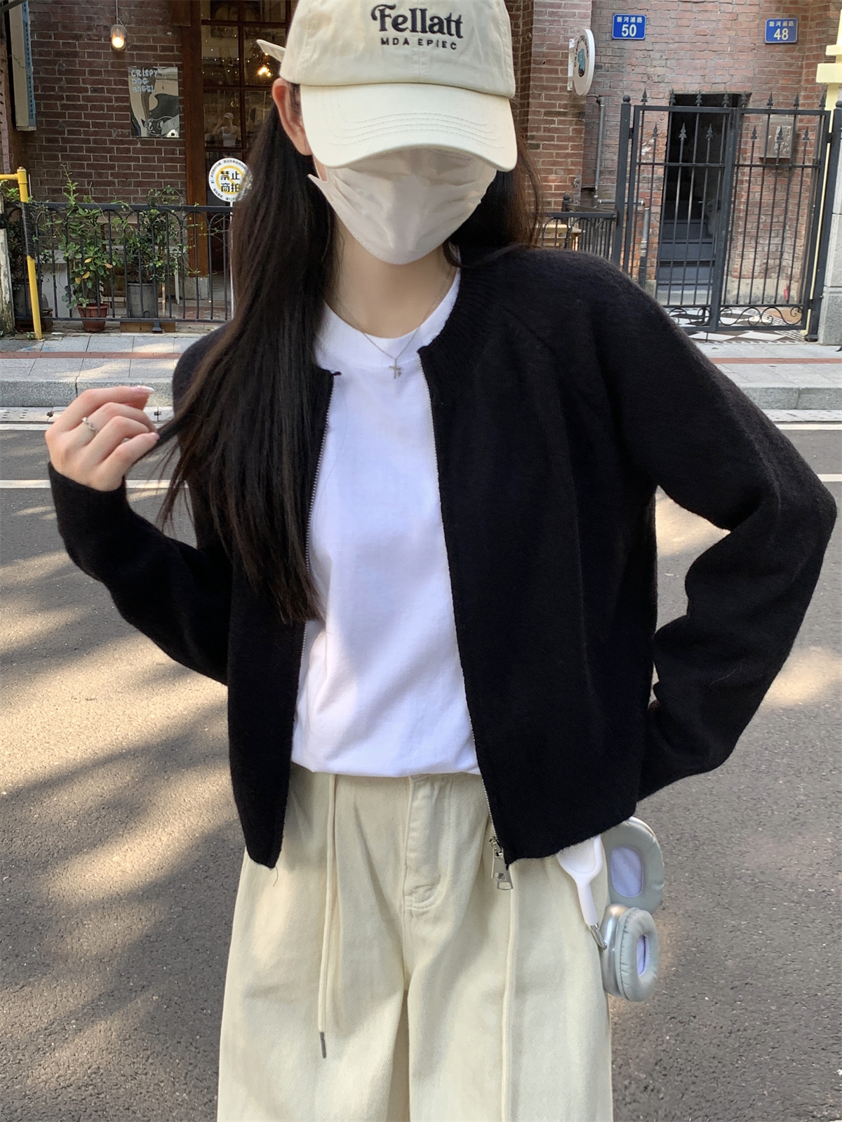 實拍 秋冬韓版寬鬆百搭雙拉鏈插肩開衫北極絨針織毛衣女外套
