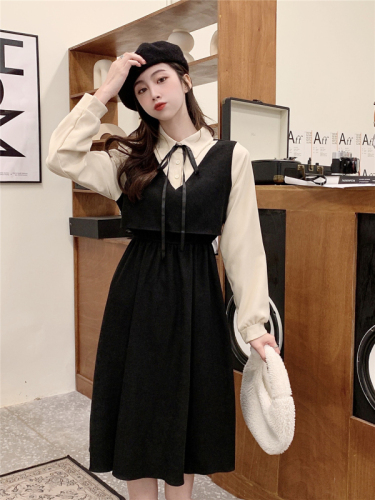 Real shot Real shot Fake two-piece college style small person autumn and winter new style black dress women's bottoming long skirt