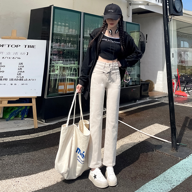 實拍 牛仔褲女2023新款春秋闊腿復古高腰寬鬆直筒小個子煙管褲