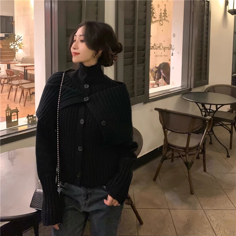 復古披肩針織衫兩件套女秋冬新款超好看設計感小眾慵懶風高領毛衣