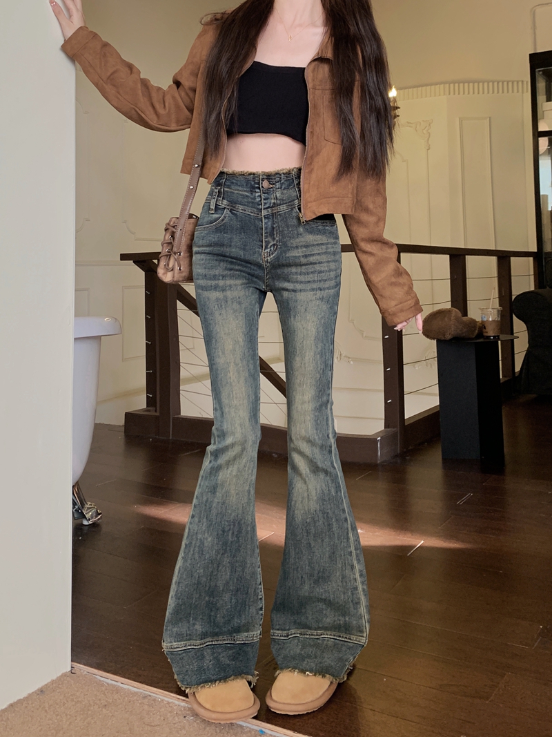 Actual shot #New stretch denim trousers for women with design sense of raw edge slim fit horseshoe floor mopping trousers