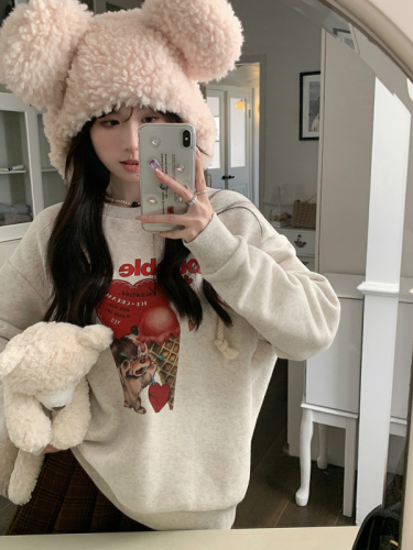 Real shot of large size autumn and winter loose and versatile baby velvet thickened round neck pullover cartoon printed long-sleeved sweatshirt for women