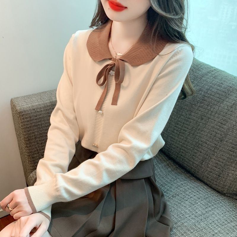 蝴蝶結毛衣女秋冬季2023新款娃娃領長袖針織衫上衣漂亮時尚打底衫
