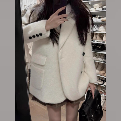 韩系小个子白色短款毛呢子外套西装大衣女秋冬季新款加厚