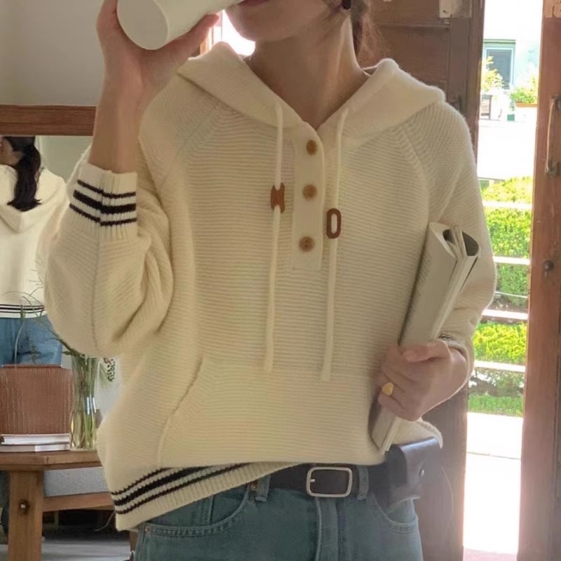 韓國chic秋冬減齡復古小眾氣質寬鬆百搭慵懶連帽長袖毛衣保暖外套