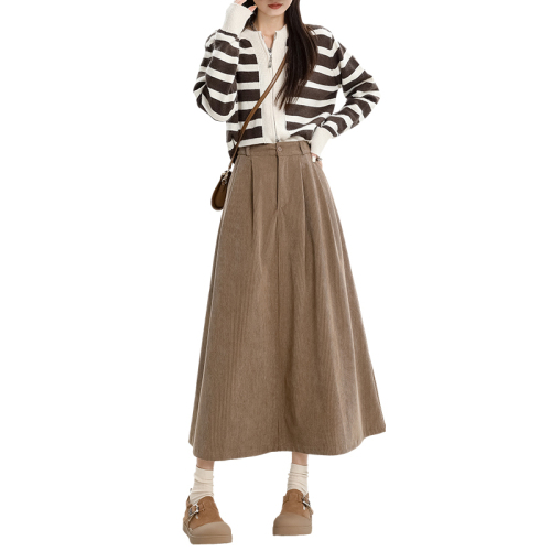 Real shot of corduroy high-waisted A-line skirt for women, autumn new style, Korean version, versatile, slimming and temperament mid-length skirt