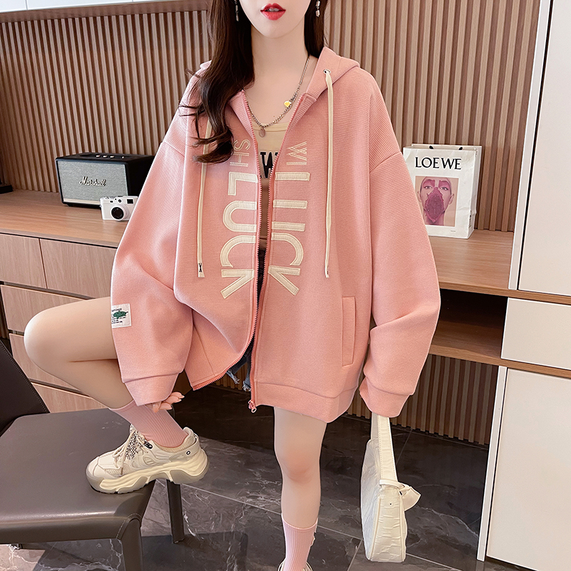 實拍 寬鬆連帽棒球服外套女春秋設計感小眾撞華夫格連帽開衫
