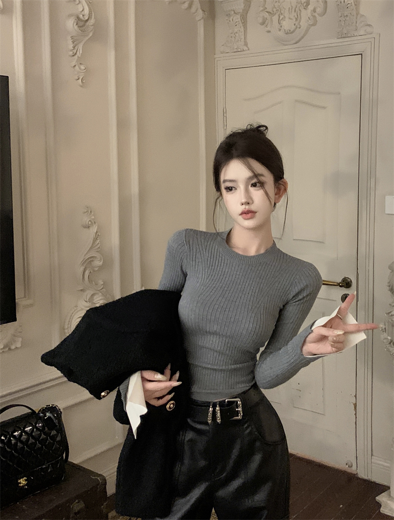 實拍 百搭袖口拼接針織衫女秋冬圓領修身小眾設計感打底上衣