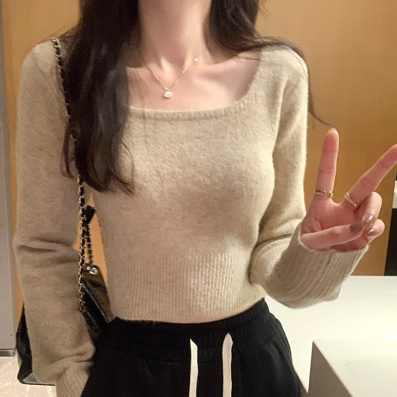 實拍圖方領短款軟糯針織衫女秋季2023新款套頭小個子長袖上衣