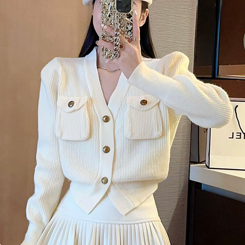 Korean chic autumn design pocket short sweater jacket elegant lady style slim knitted cardigan women's clothing