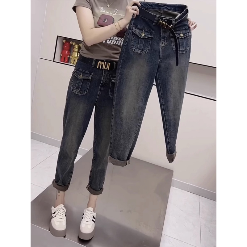 大碼女裝2023秋季高腰彈力微垮牛仔褲胖妹妹mm寬鬆顯瘦哈倫老爹褲