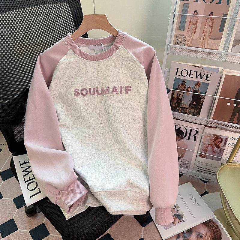 首發實拍複合真超加絨加厚400克衛衣女插肩袖刺繡花圓領保暖上衣