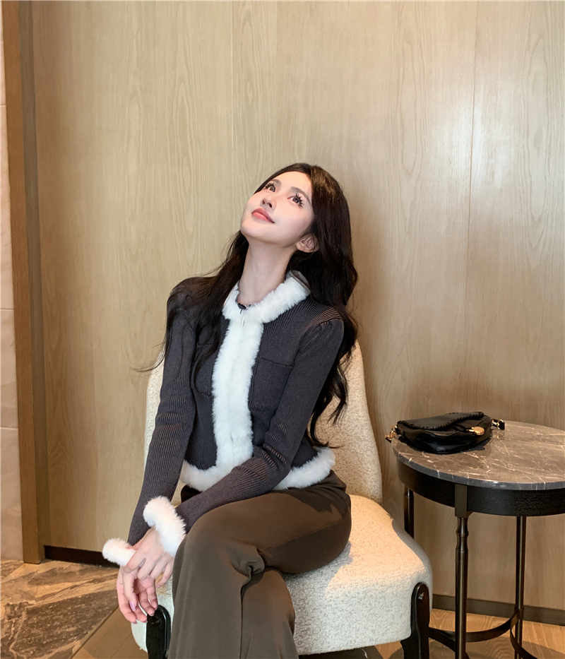 實拍冬季設計感小眾毛邊拼接毛衣修身顯瘦長袖辣妹上衣
