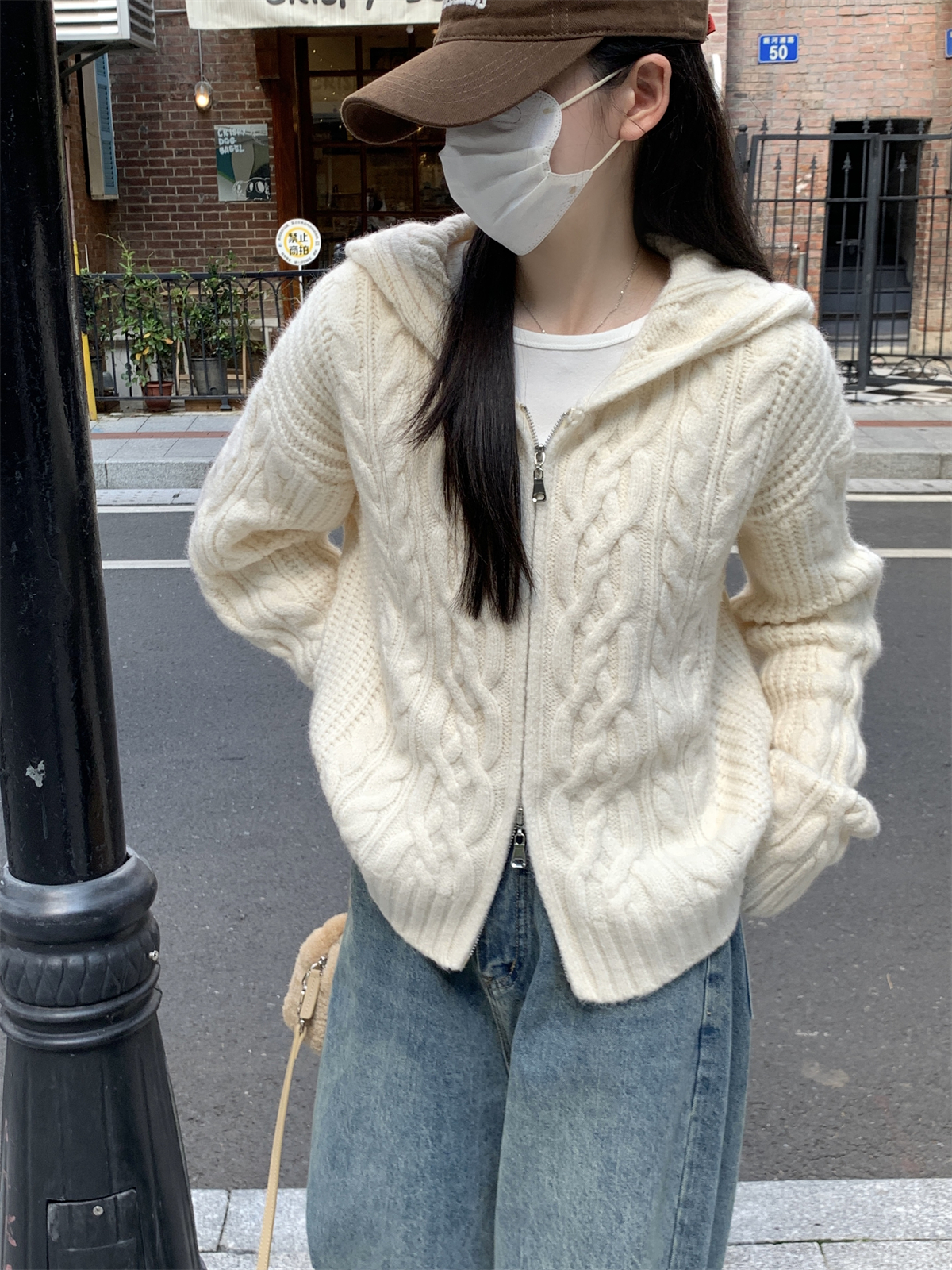 實拍 秋冬韓版寬鬆慵懶雙拉鏈麻花開衫北極絨針織毛衣女外套