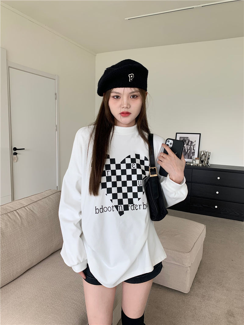 實拍 愛心棋盤格寬鬆加絨加厚高領上衣