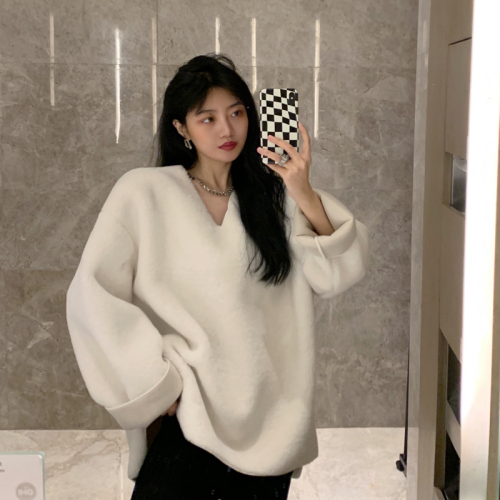 韩国东大门冬季新款洋气V领纯色慵懒风大版毛毛外套